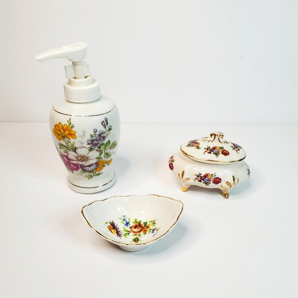 So Dainty! Vintage 3 Piece Floral Washroom/Kitchen Accessories Porcelain